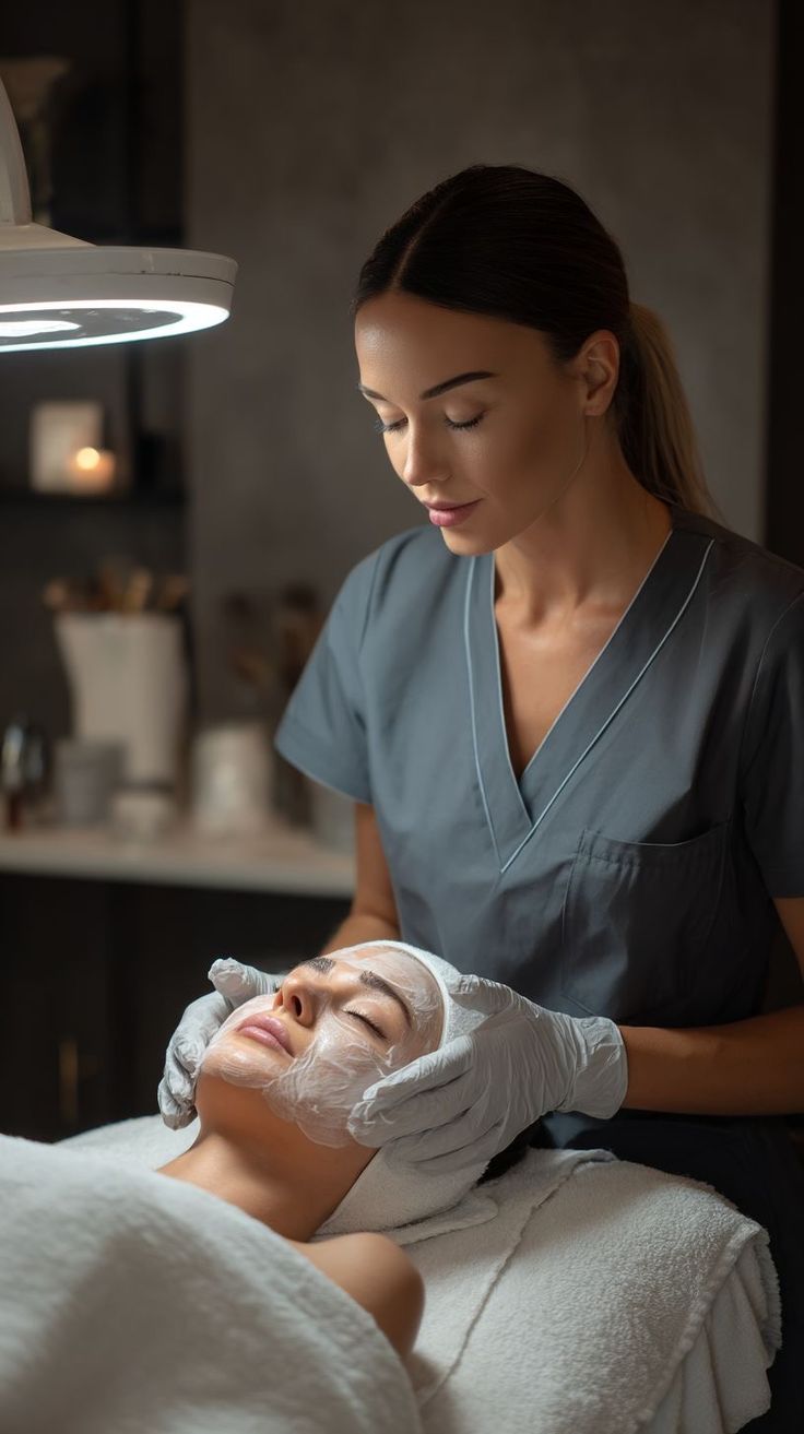 Esthéticienne réalisant un soin du visage en cabine